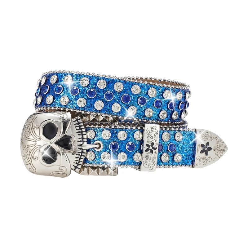 Metal Skull Buckle Belt for Women Men with Rhinestones Studded Sequins Hiphop Belt for Jeans Popular Waist Accessories
