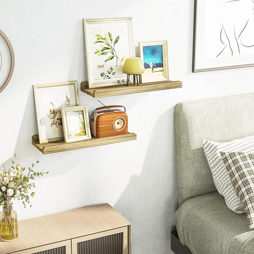 Dřevěné plovoucí police s římsou, sada 2 ks, rustikální nástěnné dřevěné police pro úložný prostor, ložnice, obývací pokoj, koupelna, kuchyň