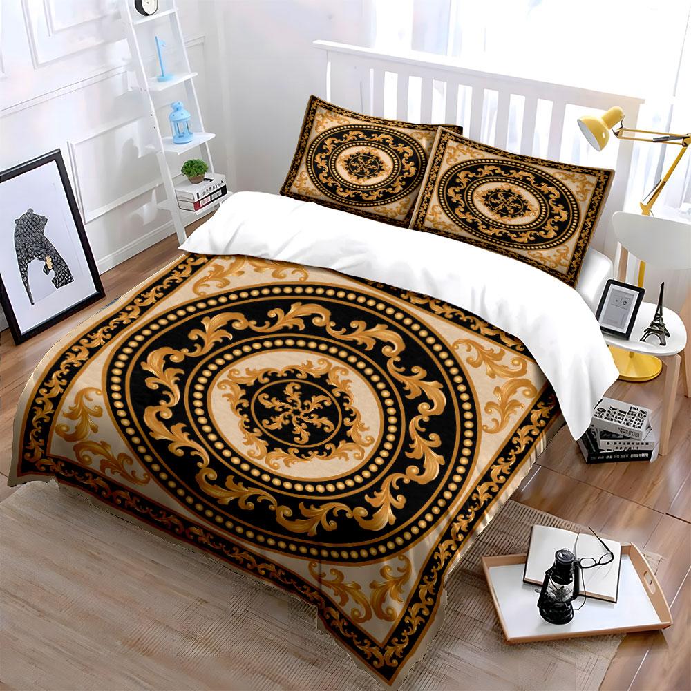 Grosstor Unisex Gold/Black/Beige 3Pcs Baroque Style Bedding Set, Ornate Pattern Print Duvet Cover + 2 Pillowcases, Luxury Decor