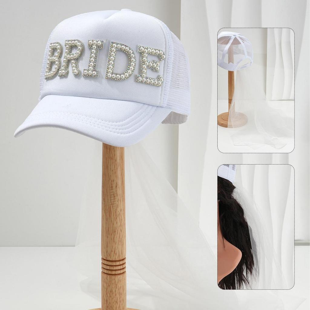 Unisex Casual Hat with Pearl Letters, Mesh & Bridal Veil for a Chic Engagement Party