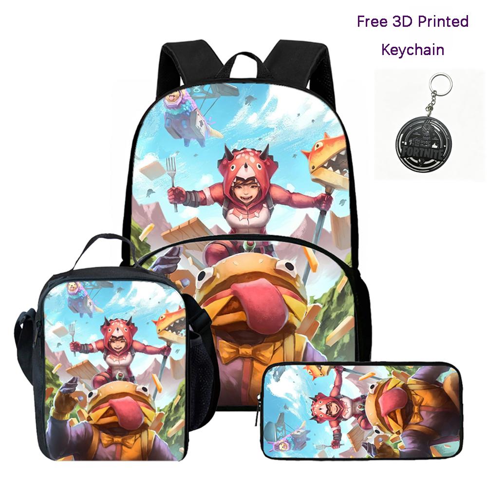 FORTNITE 3Pcs School Kit Lightweight Backpack Front Pocket Lunch Pouch Pencil Bag For Kids Age 6-10,Free 3D Printed Keychain