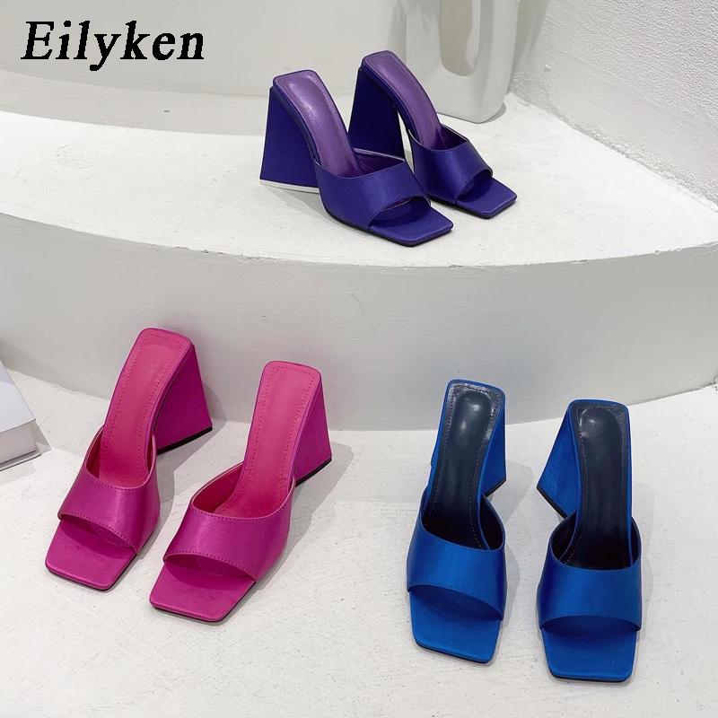 Eilyken 2025 New Arrival Summer Silk Triangle Square Heels Slippers Sexy Woman Party Square Toe Dress Slides Shoes