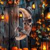 Halloween Moon Decoration Crow On The Moon Ornament Gothic Skull Face Moon with Witch Hat Decoration for Indoor