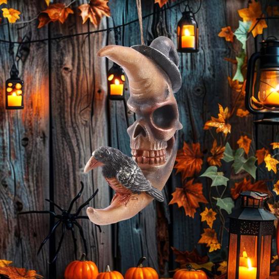 Halloween Moon Decoration Crow On The Moon Ornament Gothic Skull Face Moon with Witch Hat Decoration for Indoor