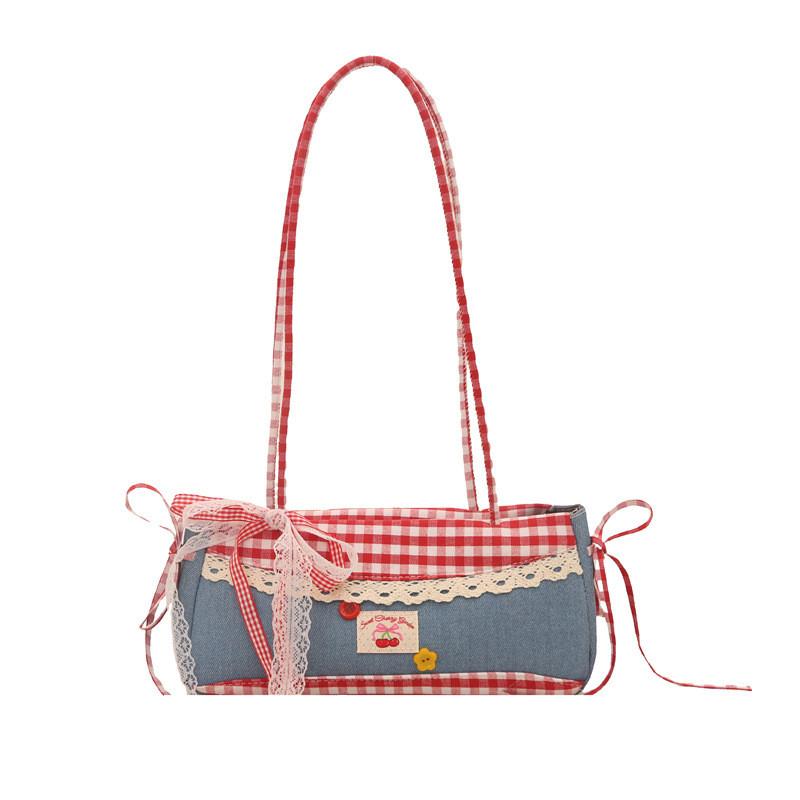 Street Style Small Crossbody Bag With Denim Red Plaid Pattern For Daily Use