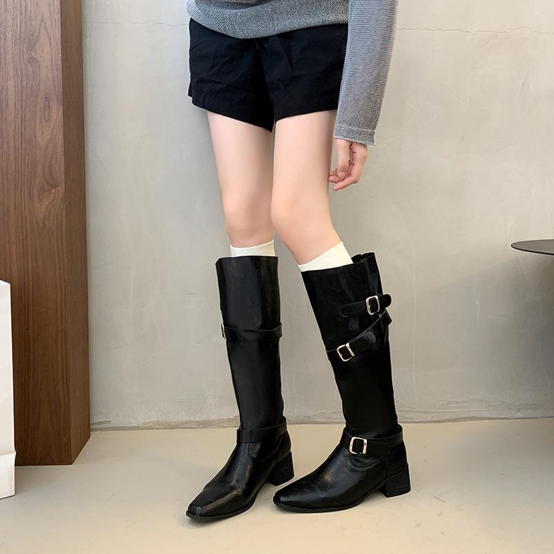 5CM Thick Heel Retro Western Cowboy Boots Women's Autumn and Winter Square Head Knight Boots Belt Buckle Boots Slim Boots