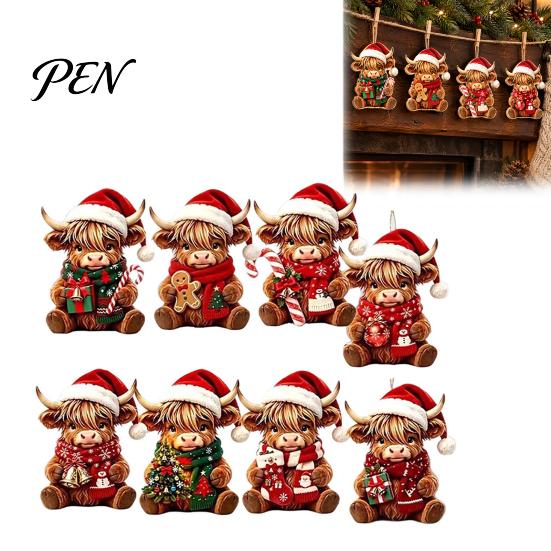 Lightweight Wooden Tree Ornaments Highland Cow Christmas Ornament Set, 2D Flat Creative Set Hanging Decor with String, Holiday Party Decoration
