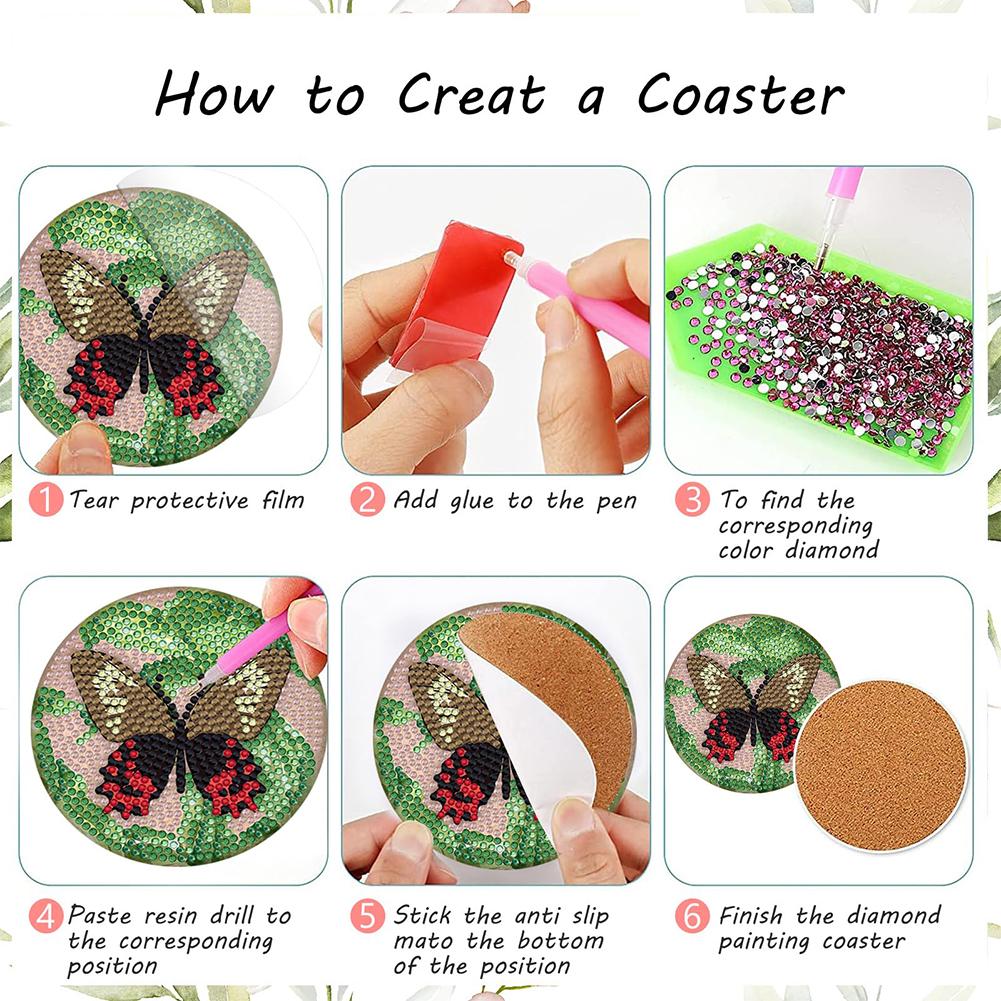 8PCS Diamond Painting Coasters Kits Dragon Acrylic Diamond Painting Art Coaster Kit Special Shape with Holder Butterfly Red Rose