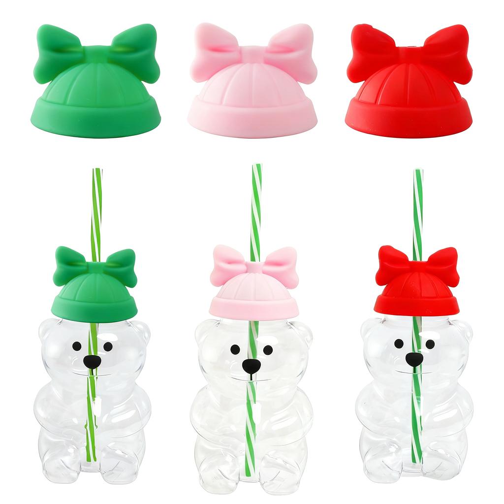 Reusable Bear Shaped Plastic Drinking Bottle with Straw and Decorative Bow Lid for Beverages and Parties