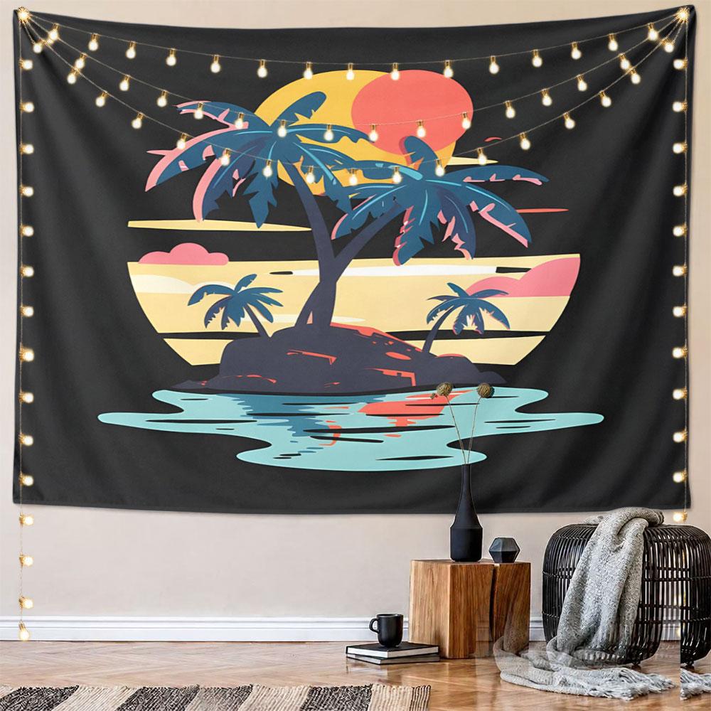 Tropical Sunset Island Scene Pattern Wall Hanging Tapestry Decorative Tapestry Home Decor for Bedroom and Living Room
