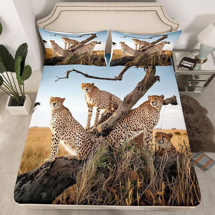 Leopard Sheet Set Cheetah Fitted Sheet African Savannah Animal Bedding Set Wildlife Leopard Print Bed Sheets for Boys Girl Youth
