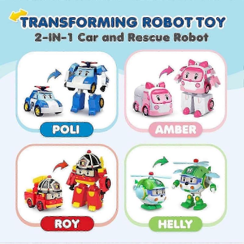 Robocar Poli 4 Pack Poli + Amber + Roy + Helly Transforming Robot Toys, 4" Transformable Action