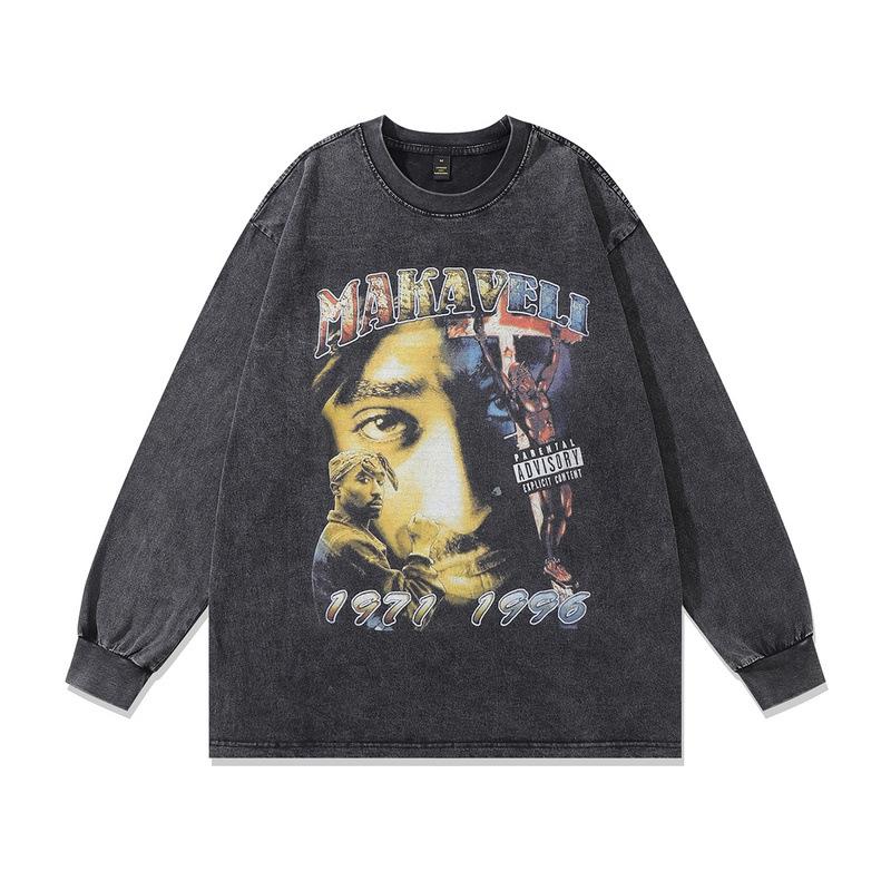 European, American High Street Retro Washed Old Hip-Hop Bottoming Shirt Loose Digital Direct Injection Printing Long-Sleeved T-Shirt Men