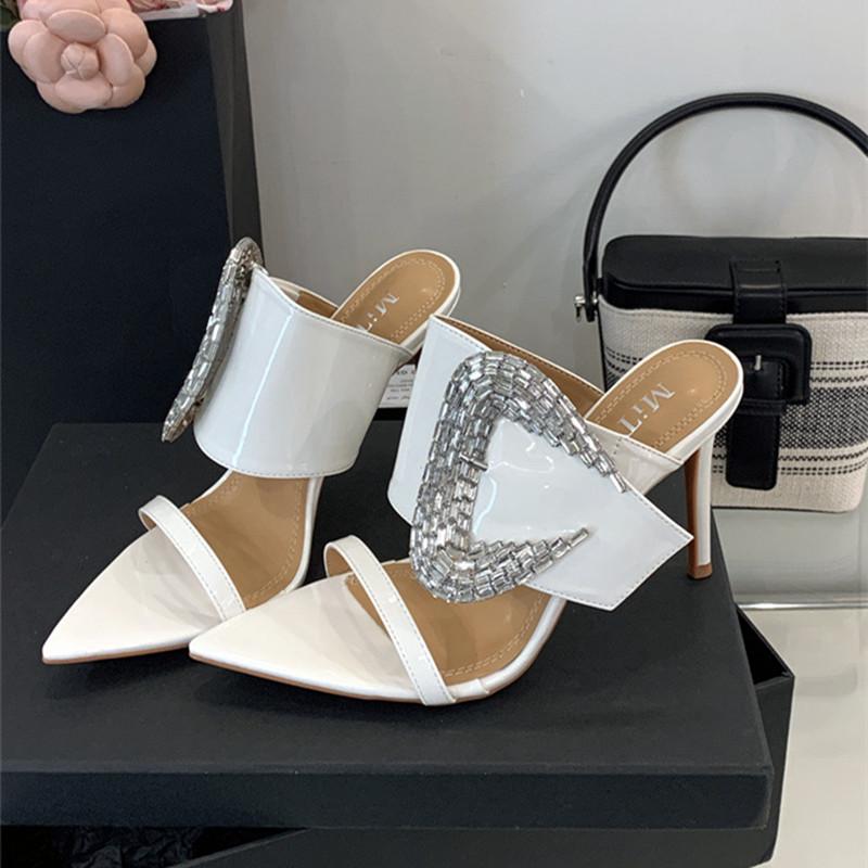 

Модные Роскошные Женские Шлепанцы с Отделкой Стразами Летние Сексуальные Сандалии на Тонком Высоком Каблуке с Острым Носком Элегантные Банкетные Платье Шлепанцы 39 белый