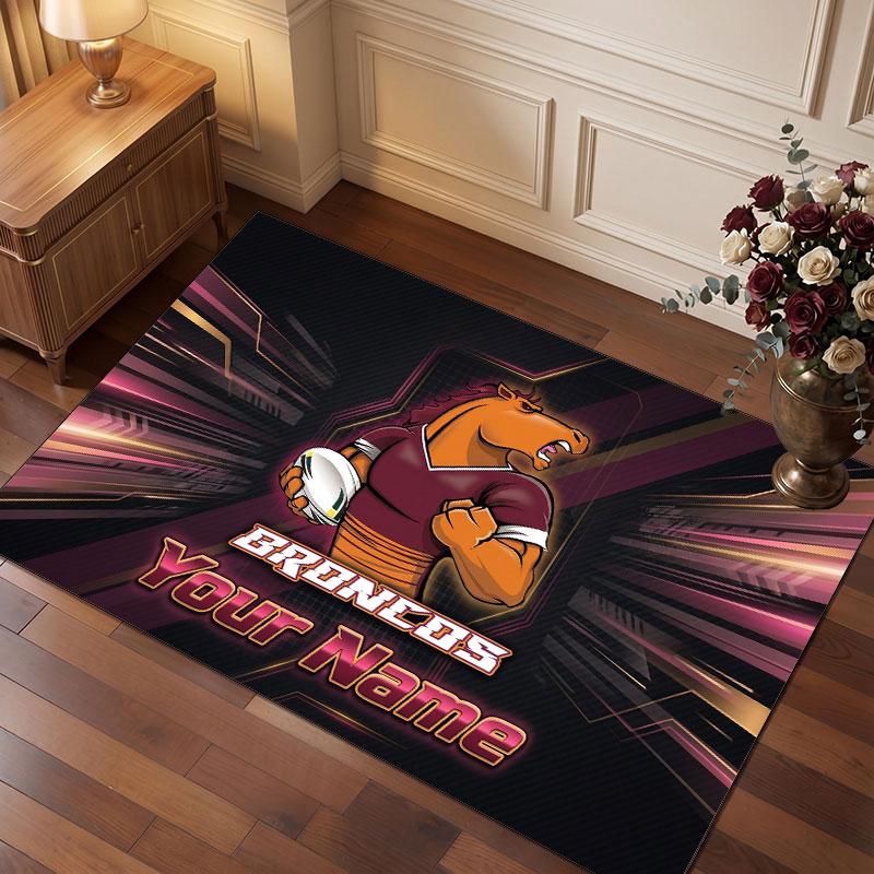 Brisbane Broncos Personalized Crystal Velvet Carpet, Customized Name Text Soft Anti‑Slip Rug for Living Room Bedroom