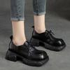 2026 Autumn New Genuine Leather Pumps Thick Sole Loafers Square Toe Lace Up Versatile Leisure Women's Shoes