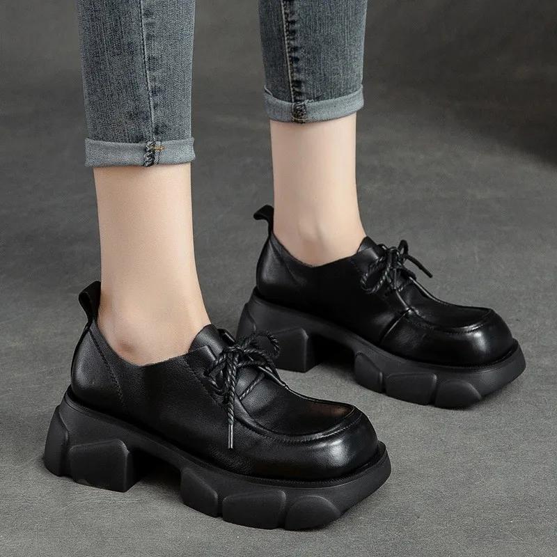 2026 Autumn New Genuine Leather Pumps Thick Sole Loafers Square Toe Lace Up Versatile Leisure Women's Shoes