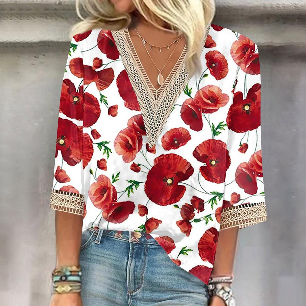 Women's Shirt Blouse Casual Loose Shirts 3/4 Sleeve Lace Trims Print V Neck Tops Print Tops T-shirts
