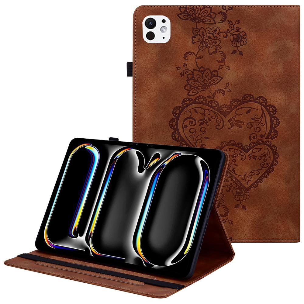 For iPad Pro 13 (2025)/13 (2024) Leather Case Heart Imprint Foldable Stand Card Slot Stylus Holder Tablet Cover