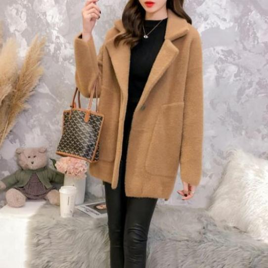 

Женская куртка из искусственного меха норки средней длины на осень-зиму, свободный плюшевый вязаный кардиган, утолщенное вязаное пальто XL верблюд