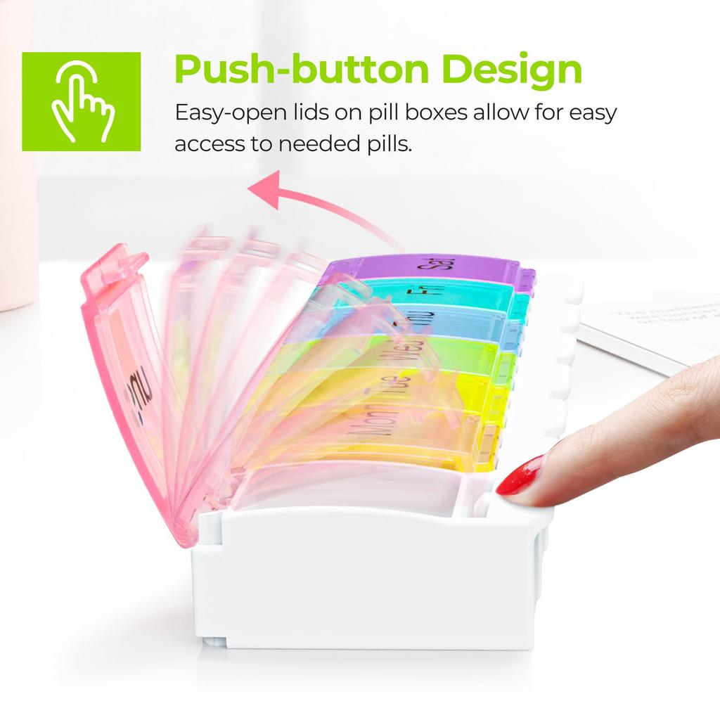 Wöchentlicher Pillenorganisator Arthritis-freundlich, BPA-frei Reise 7-Tage-Pillenbox-Etui mit Federöffnungsdesign und großem Fach