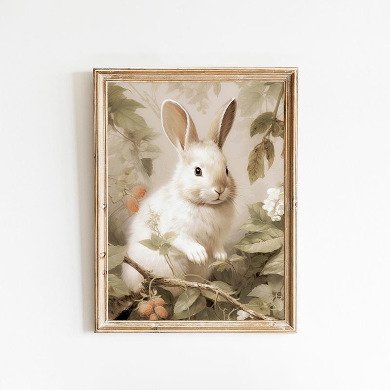 Vintage Easter Cute Little Rabbit Wildflower Posters and Prints Canvas Printing Wall Art Picture for Living Room Home Decoration