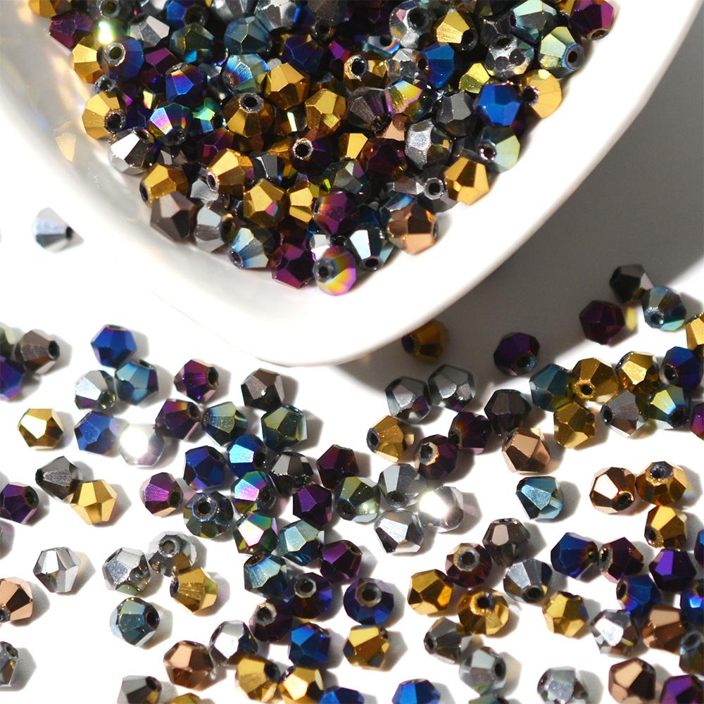 Kovová barva 100ks Průměr 4mm Bikonický tvar Pokovené Rakouské krystaly Skleněné korálky Volné Distanční korálky pro výrobu šperků