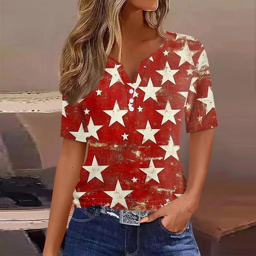 Women's T Shirt Tee Independence Day Print Button Short Sleeve Daily Weekend Fashion Basic V-Neck Regular Top