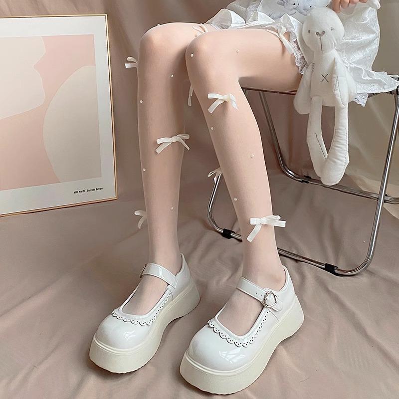 

Lolita Bowknot Pearl White Stockings for Women, Pure Desire Summer Thin Style jk Sexy black pantyhose for layering Average Size（75-130Jin