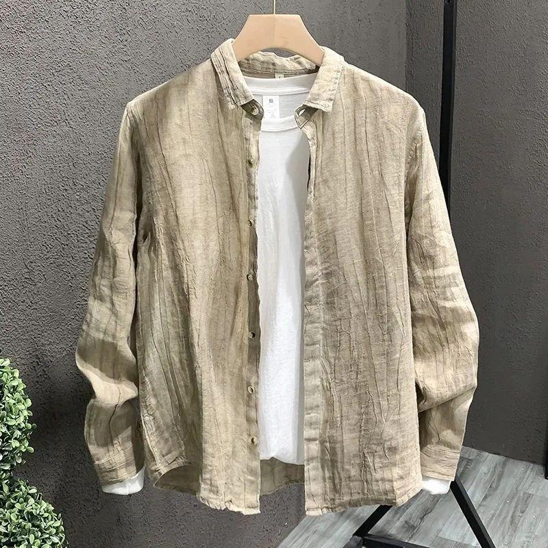 Spring and Autumn Men's Linen Solid Color Lapel Long-sleeved Shirt Trend All-match Loose Casual Shirt Jacket Men