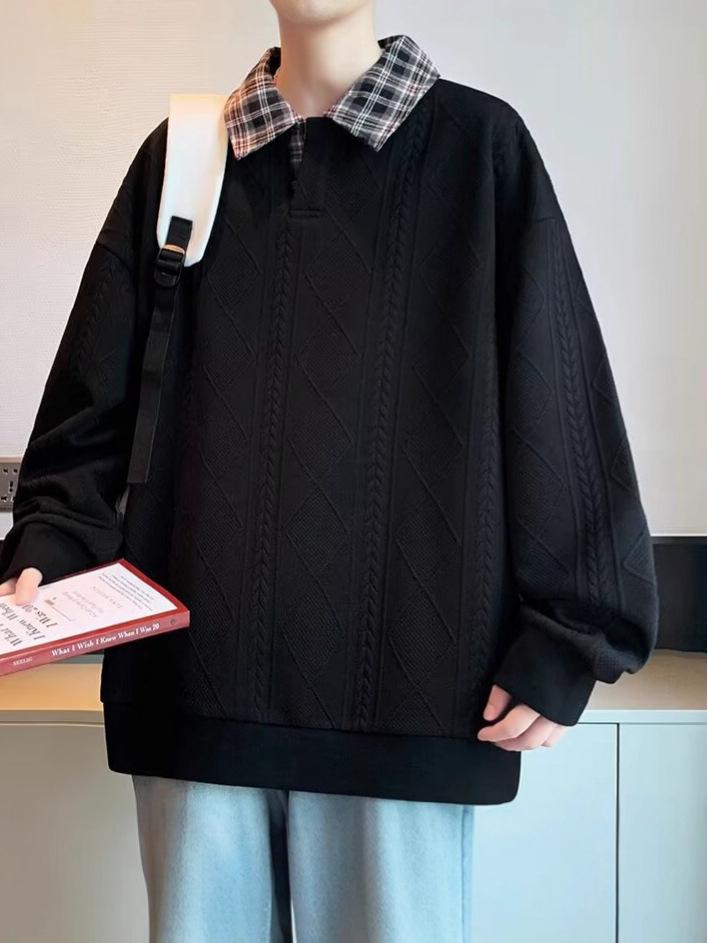 Men's Retro Color Block Plaid Long Sleeve Polo Collar Hoodie