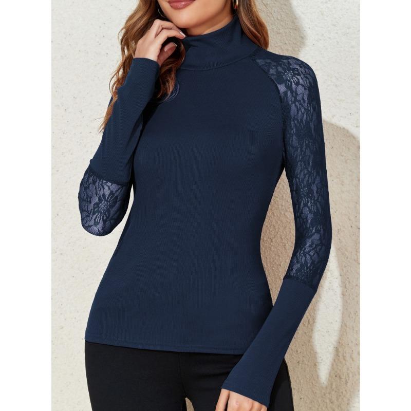 Autumn Winter High Collar Lace Patchwork Sexy Bottomed T-shirt Women Long Sleeve Solid Color Pullover Tee Top