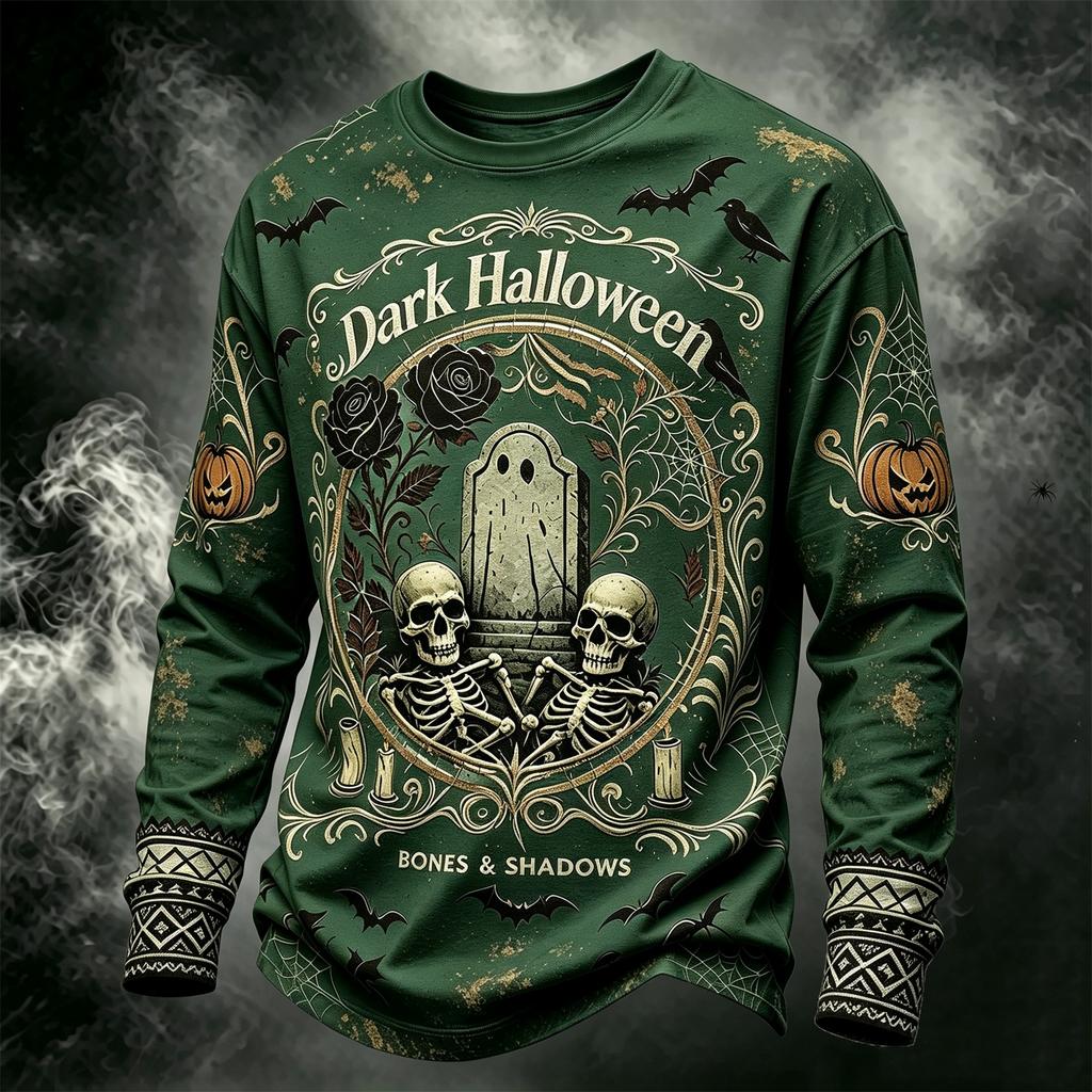 Men's Casual Long Sleeve Round Neck Top with Halloween Print for Seasonal Wear