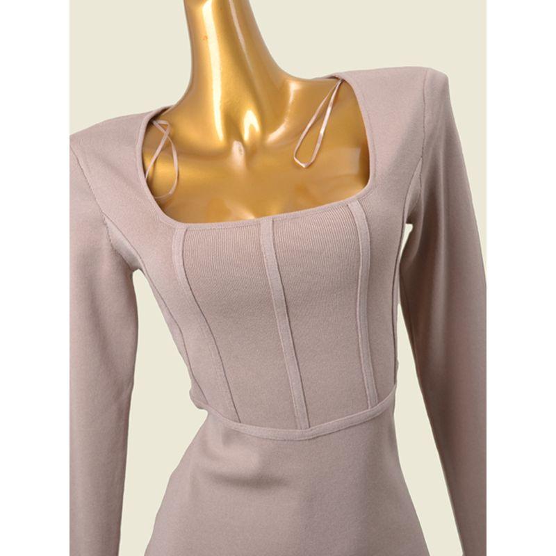 Fashion Style Square Collar Bandage Silm Dress Waist-Tight Early Autumn Sexy U-Collar Knitted Hip Skirt