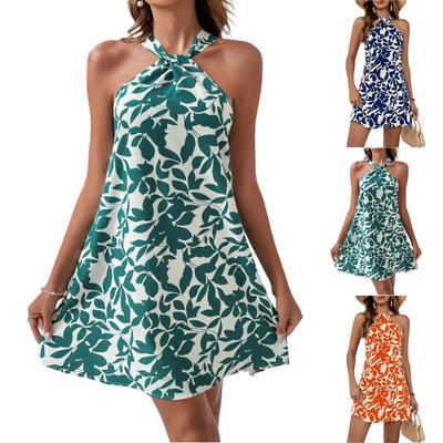 Women Spring Summer Sleeveless Sexy Backless Short Skirt Ruffle Print Neck Dress