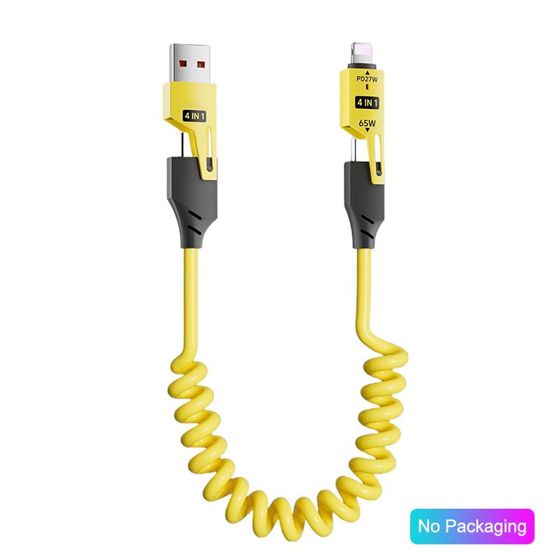 4 в 1 65 В Пружинный Короткий Кабель для Данных Многопортовый USB Type-C Быстрая Зарядка Кабель для Данных Для iPhone 17 16 Xiaomi Samsung PD 27 В Провод yellow
