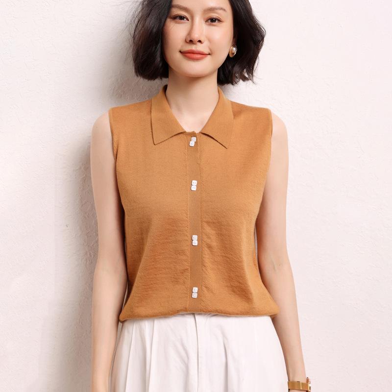 Women's 100% Cashmere Polo Collar Sleeveless Top – Autumn/Winter High-Quality, Solid Color Base Layer Vest for Commuting.