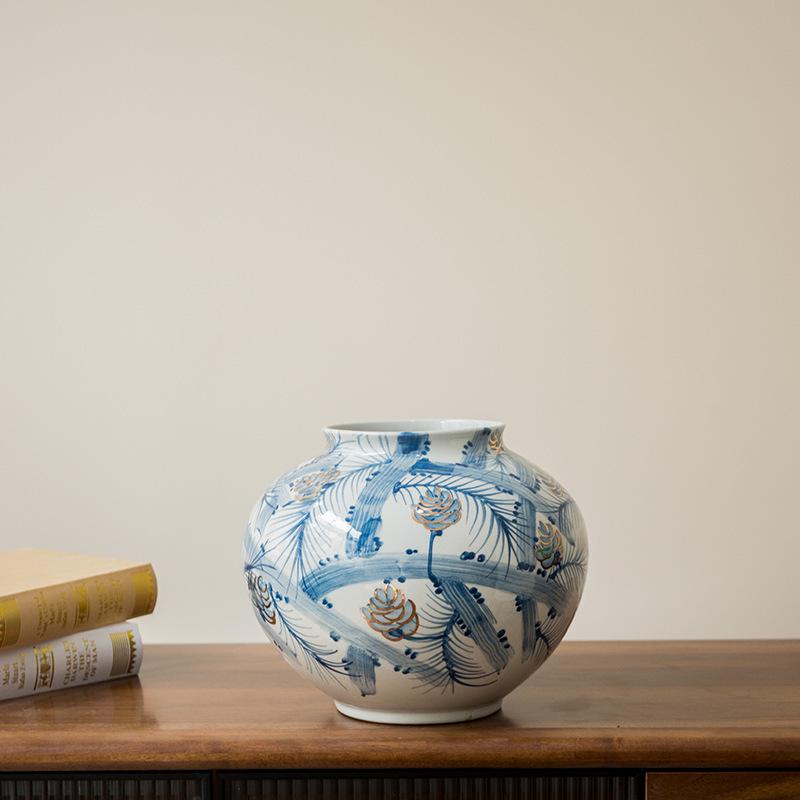 Blue and White Porcelain Vase - Handmade Ceramic Ornament with Gold Painted Floral Design