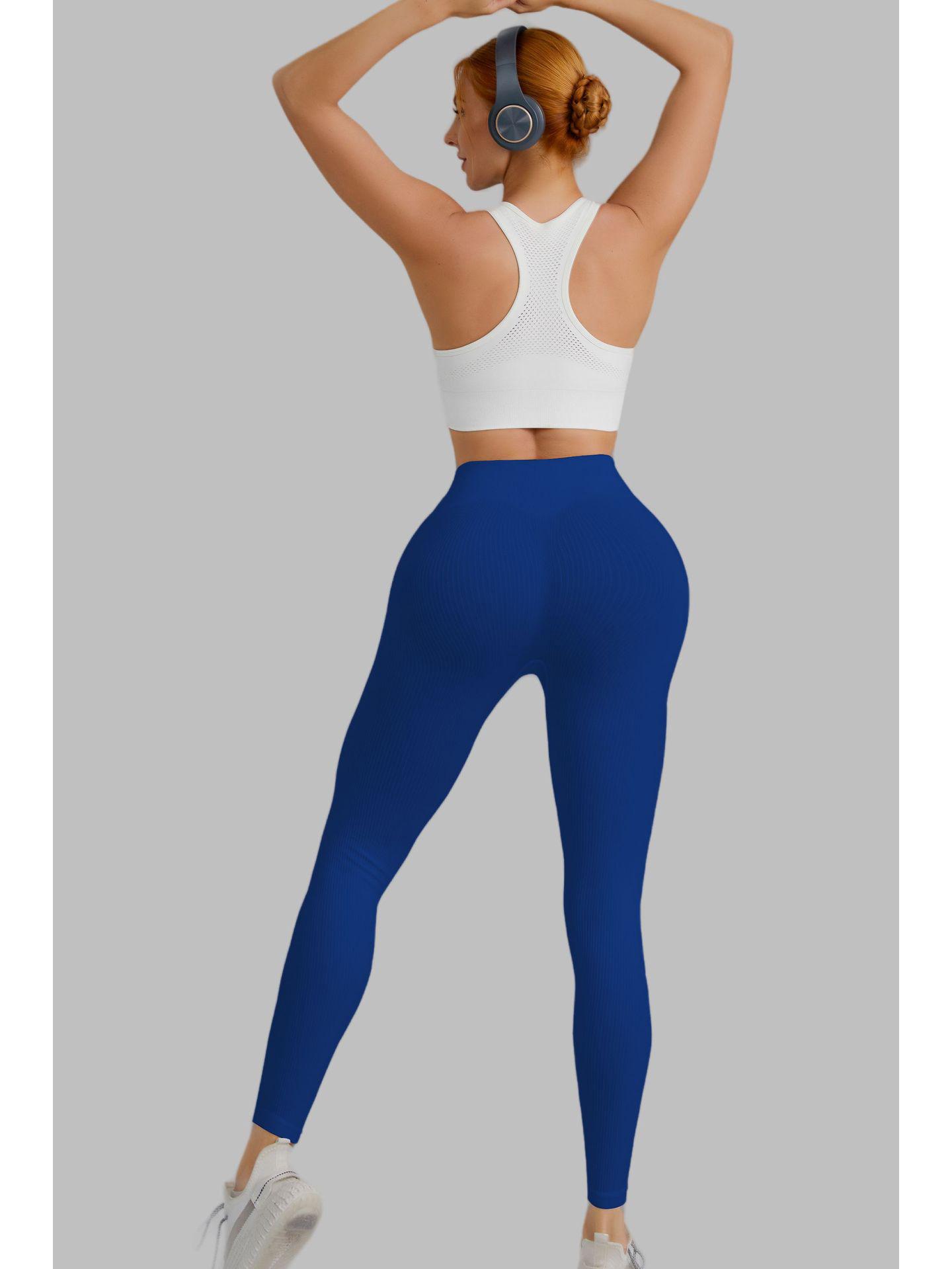 

Женские бесшовные леггинсы для йоги с рубчиком с высокой посадкой - быстросохнущие, спортивные штаны для осени/зимы Medium синий