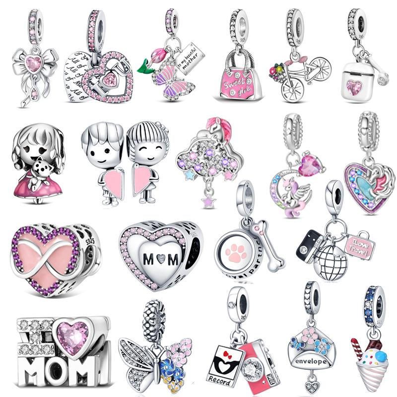 New 925 copper Original Pink Series Boy Love Girl Mom Unicorn Butterfly Infinite Heart Beads Fit Pantaro Charms Bracelet Zircon