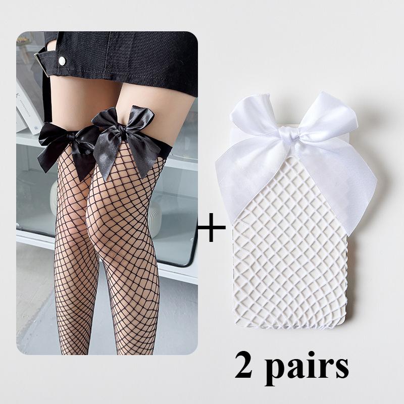 Women Mesh Nets Lace Bow Fishnet Thigh High Stockings Cosplay Over Knee Pantyhose Nightclub Elastic Long Socks