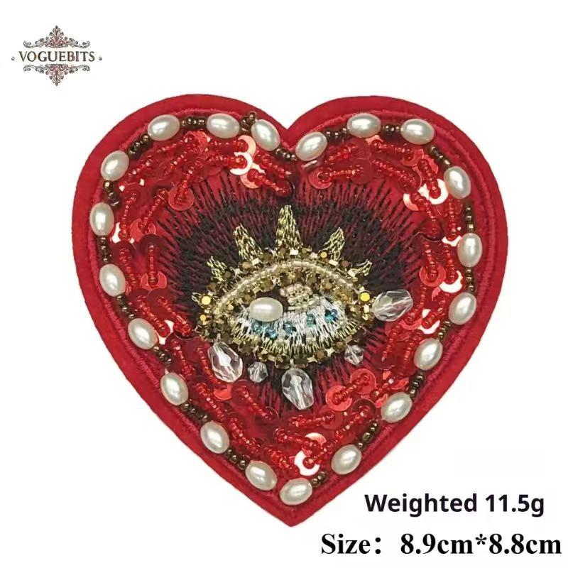 Large Handmade Bead Embroidered Red Heart-shaped Cloth Sticker, Fashionable DIY Clothes, Pants and Jackets Decorative Decals