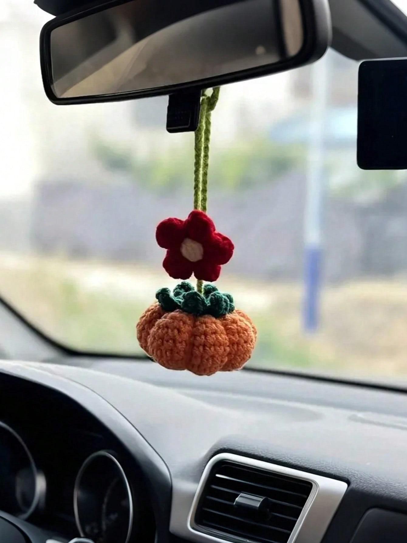 

Handmade Crochet Pumpkin & Flowers Car Hanging Ornament, Fall/Autumn Themed, Car Rearview Mirror/Home/Party Decor, Curtain Tieba