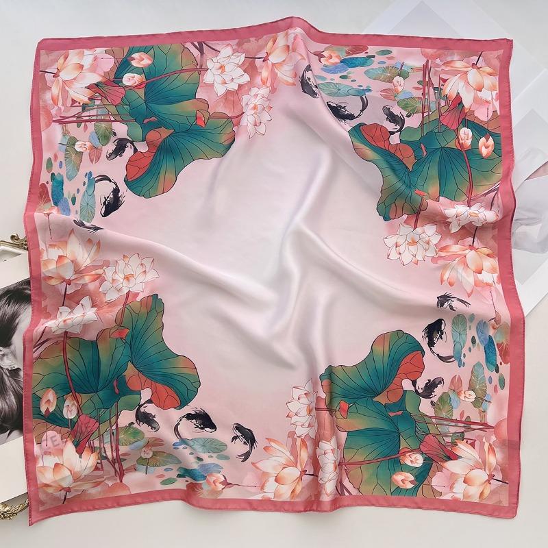 70cm Chinese Style Lotus Printed Scarf Women's Simulated Silk Plant Printed Scarfs Thin and Fashionable Headscarf Shawl Scarf