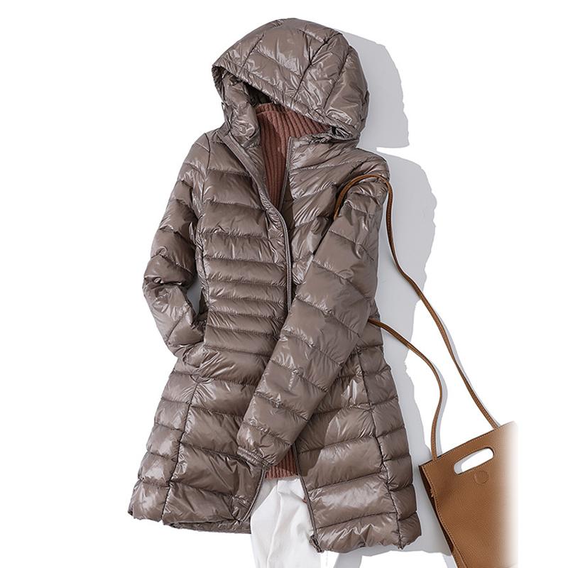Women Warm Winter Hooded Down Jacket Ultra Light White Duck Down Coat Slim Casual Long Coat Autumn Women