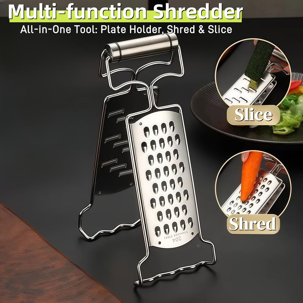 304 Stainless Steel Multifunctional Grater, Heat Resistant Tongs with Plate Clip and Bowl Holder, Vegetable Shredder