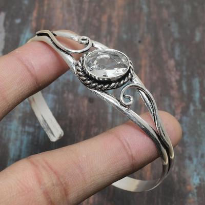 Lovely White Topaz Gemstone Handmade 925 Sterling Silver Cuff Jewelry Bangle Adjustable
