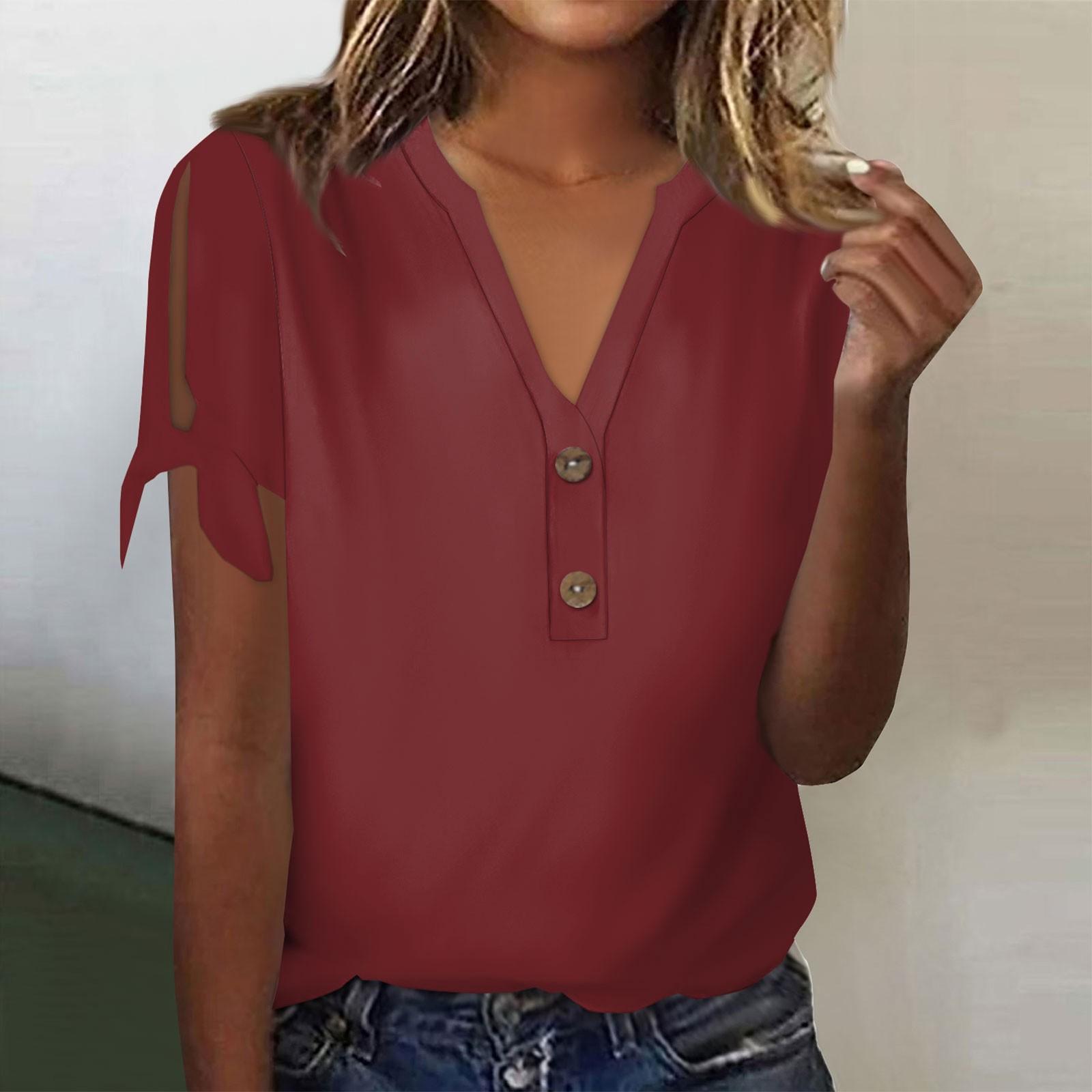 

Женская модная летняя футболка с v-образным вырезом и бантом с коротким рукавом, однотонная футболка на пуговицах, топ XL