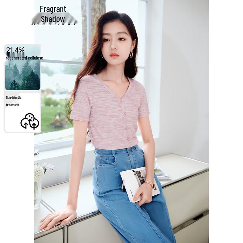 Xiangying Women s Striped Knit V-Neck Short Sleeve T-Shirt S