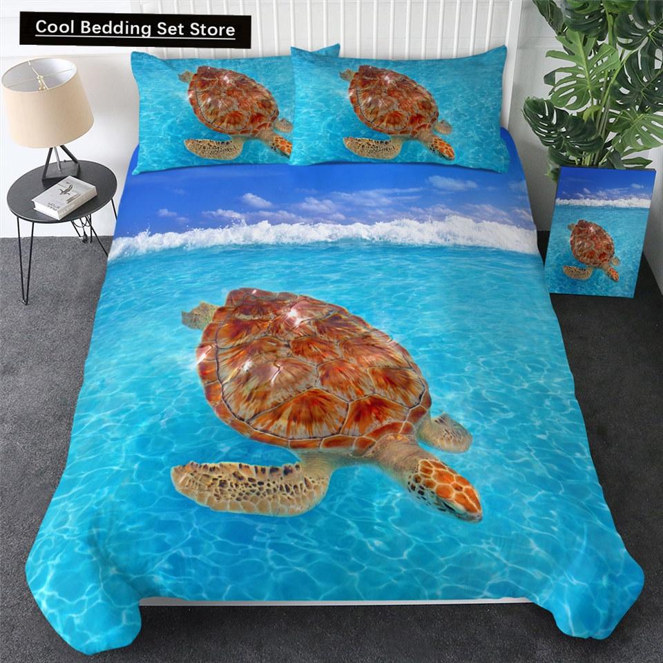Sea Turtle Duvet Cover Set Pillow Cases Ocean Animal Turtle Bedding Set Queen King Kids Home Textiles Map Coral Soft Quilt Cover
